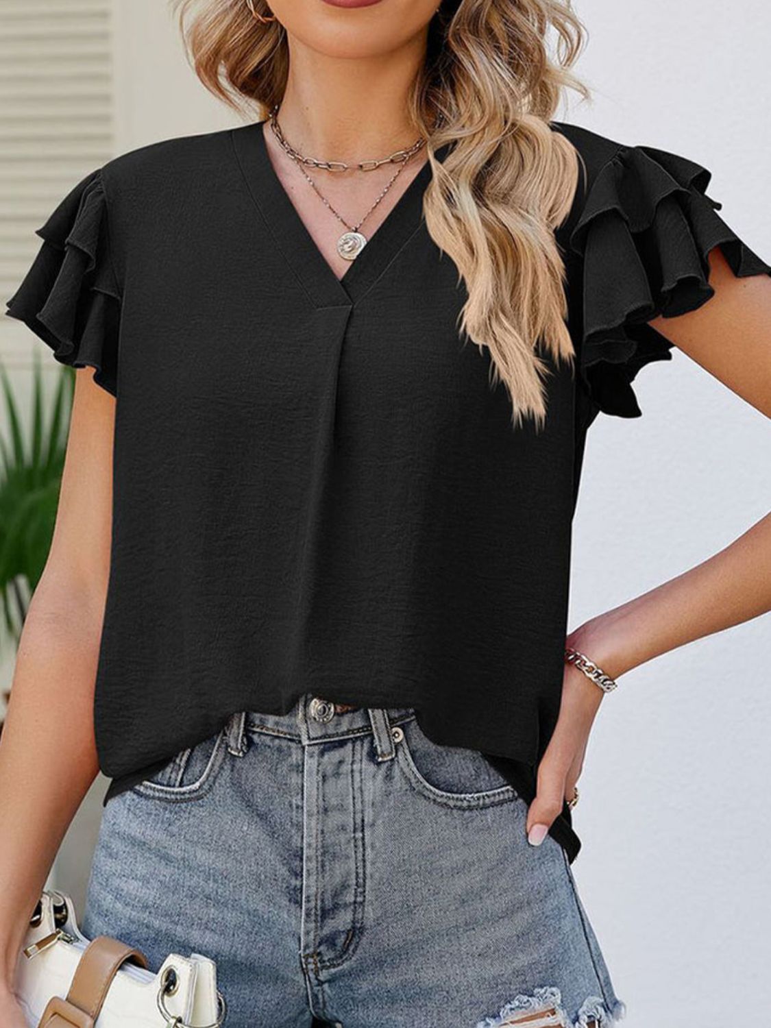 Ruffled V-Neck Cap Sleeve Blouse Blouse Trendsi   