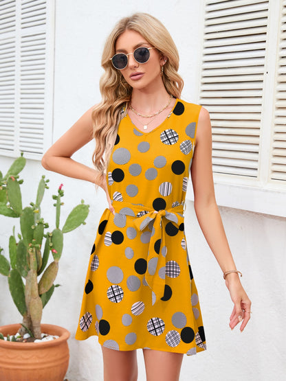 Tied Polka Dot V-Neck Dress