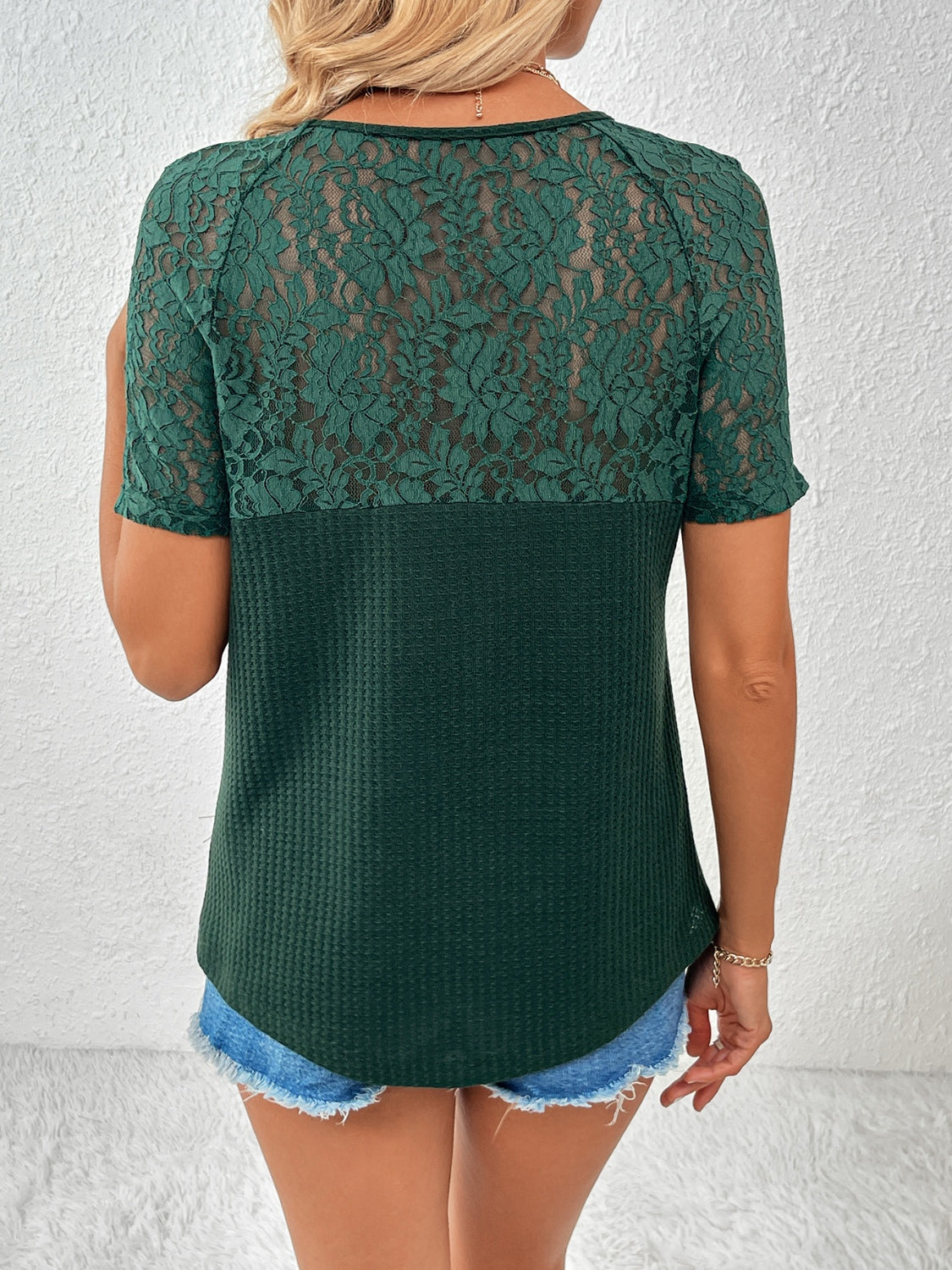 Lace Detail V-Neck Short Sleeve T-Shirt T-Shirt Trendsi   